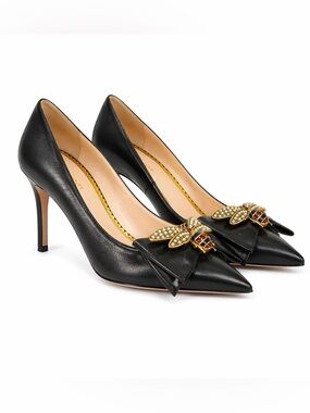 Gucci black leather queen margaret bee heels pumps size 38